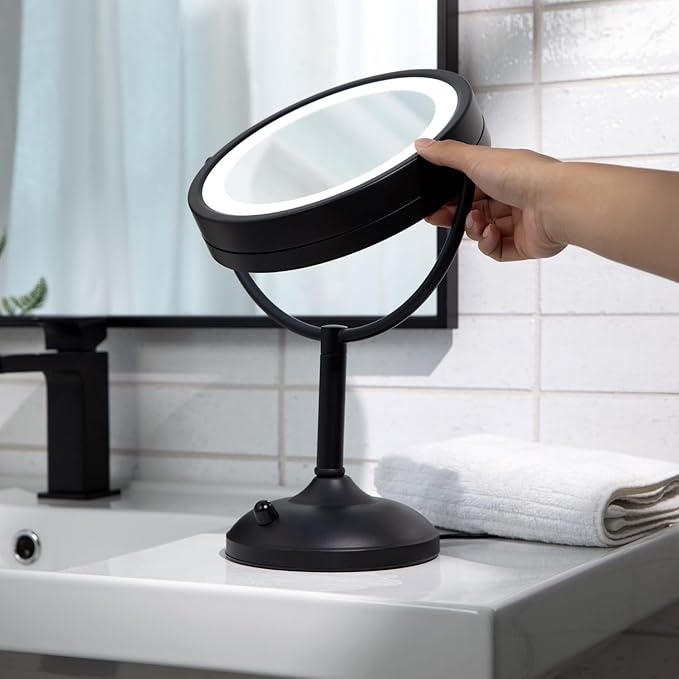 JERDON Lighted Tabletop Mirror with 10X/1X Magnification - Black Makeup Mirror with Multiple Light Settings - 8.5-Inch Diameter Vanity Mirror - Model JS8510BK