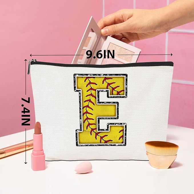 CQM Softball Gifts Initial Makeup Bag Monogrammed Cosmetic Bag Letter E Zipper Pouch Softball Accessories for Girls Women Player Coaches Niece Graduation Birthday Gifts