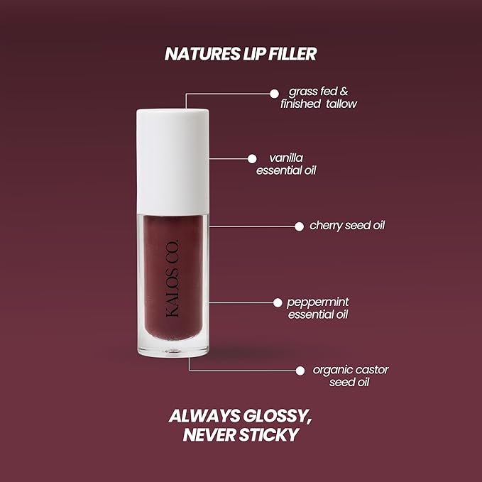 Kalos Co. Tinted Lip Oil with Tallow & Lanolin – Hydrating Balm-Gloss Hybrid with Cherry Seed Oil & Castor Oil – Natural Mineral Pigments, Nourishing Moisture, Non-Sticky Shine (5 Shades) (Mahogany)