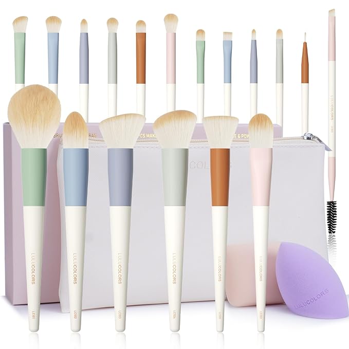 LULUCOLORS Colorful Series 18-Pcs Makeup Brush Set with Soft, Cruelty-Free Synthetic Bristles, Wooden Matte Handles, 2 Latex-Free Makeup Sponges & Travel Storage Bag – Face & Eye Brushes for Makeup