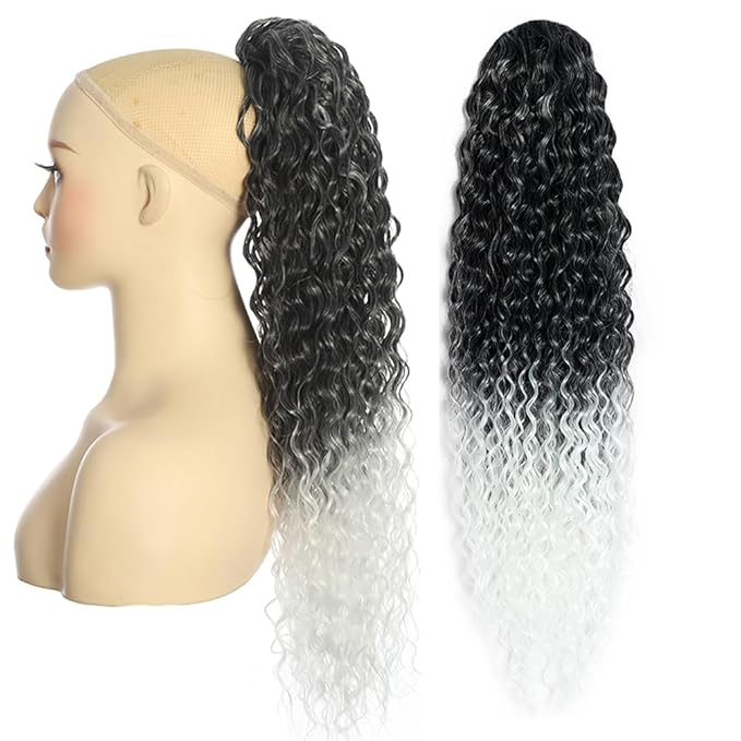 Deep Wave Ponytail Extension for Women 24 Inch Black to White Curly Wavy Ponytail Hair Extensions Drawstring with Clips Short Synthetic Hairpiece for Daily and Party