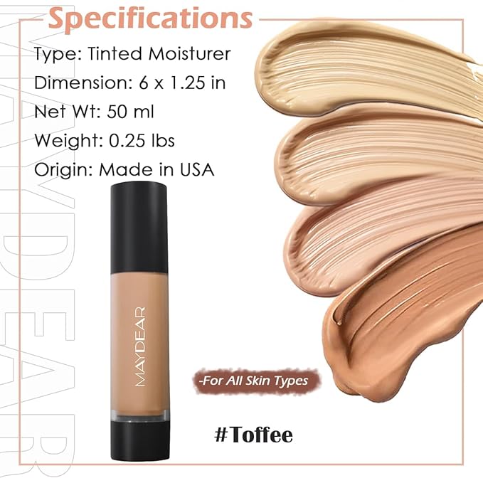 Maydear Tinted Moisturizer for Face, Matte Finish, Hydrating, Toffee, 1.(50ml) 7 oz