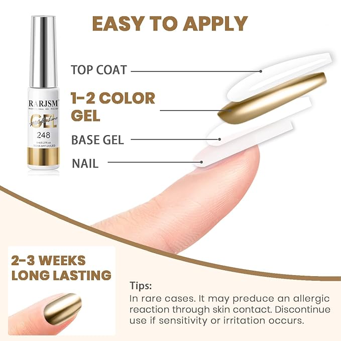 RARJSM Metallic Chrome Gel Liner Nail Art 3D Mirror Holographic Silver and Bronze Gold 2Pcs Set Gel Nail Polish 8ml Painting Build in Thin Brush Painted Drawing Striper GelPolish Curing Requires