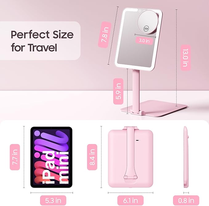 Benbilry Foldable Travel Makeup Mirror with Lights and 20X Magnification, Rechargeable Tabletop LED Vanity Mirror with Adjustable Stand, 3-Colored Dimmable Lighting, Portable Cosmetic Mirror, Pink