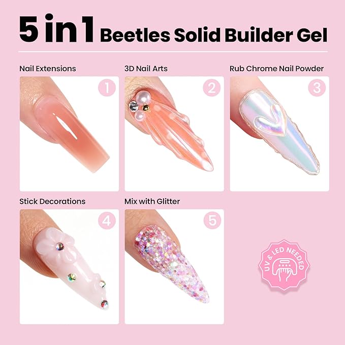 Beetles 3D Gel Nail Art Kit-3D Nail Art 4 Colors Clear Pink White Builder Nails Gel Non-Sticky Hand Sculpting Building for DIY Salon at Home,UV & LED Lamp Cured Needed