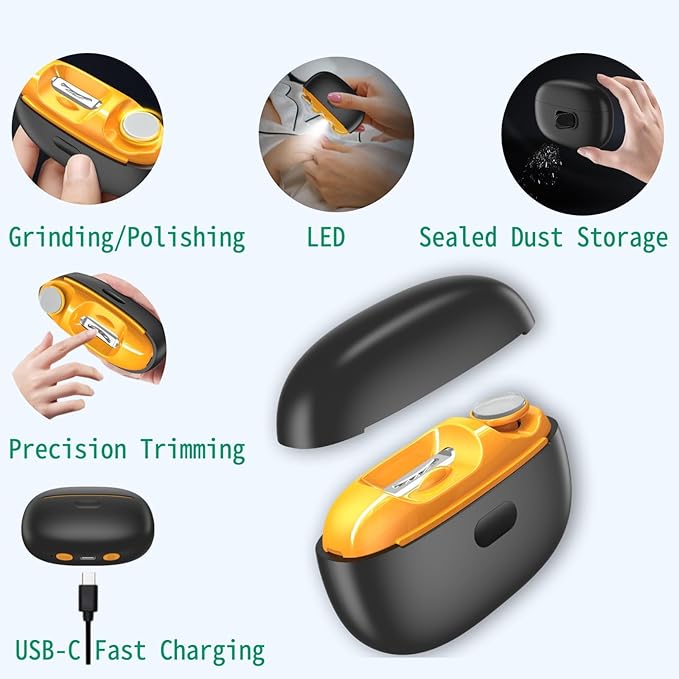 Upgraded 5-in-1 Electric Nail Clipper: LED Light & Dust Collector, USB Rechargeable, 2-Speed Grinder - Safe for Kids, Seniors, Arthritis, Toenails & Fingernails(Black)