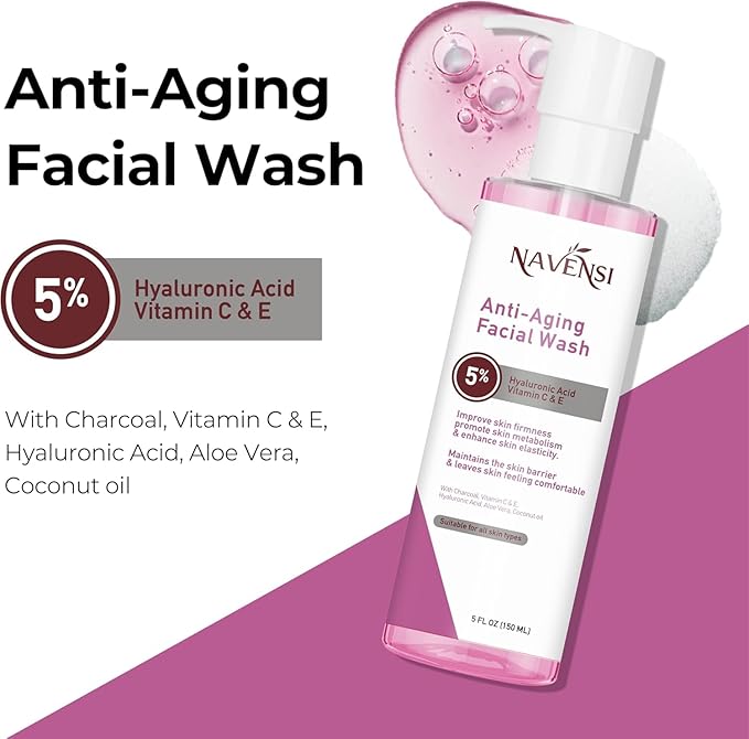 Navensi Anti Aging Face Wash 150ml | Hyaluronic Acid, Manuka Honey, Charcoal & Aloe Vera Facial Wash For Women & Men | Deep Cleansing, Hydrating Facial Cleanser For Smooth, Youthful Skin