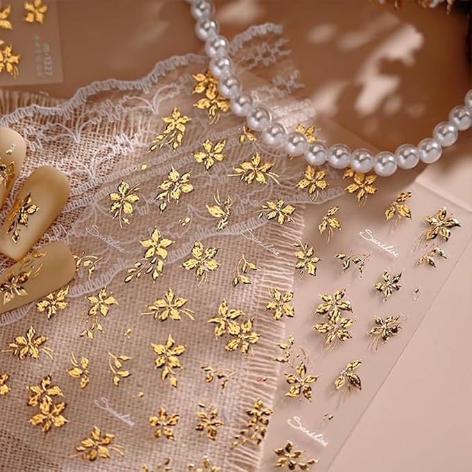 Gold Flower Nail Art Stickers 5D Embossed Spring Nail Stickers for Nail Art Summer Gold Nail Decals Flower Nail Art Design Supplies for Women Girl Spring DIY Manicure Decoration Accessories
