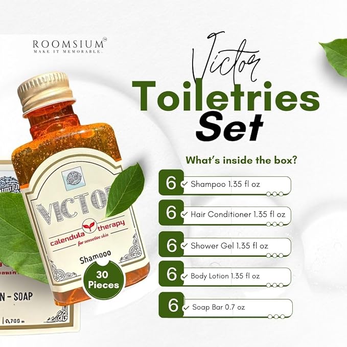 Roomsium Victor 30-Piece Toiletries Set – Vacation Rental Essentials – Mini Soaps & Travel Size Soap Bars – Bulk Shampoo, Conditioner, Shower Gel & Lotion – Mini Soap Bars Bulk Hotel Toiletries Pack