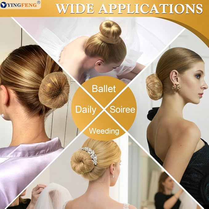 YINGFENG 134 Pcs Gold Hair Bun Maker Kit Medium - 4 Bun Hair Pieces for Women, 20 Hair Net for Buns, 100 Bobby Pins for Women, 10 Hair Bands, for Ballet Styling, Hair Accessories for Girls
