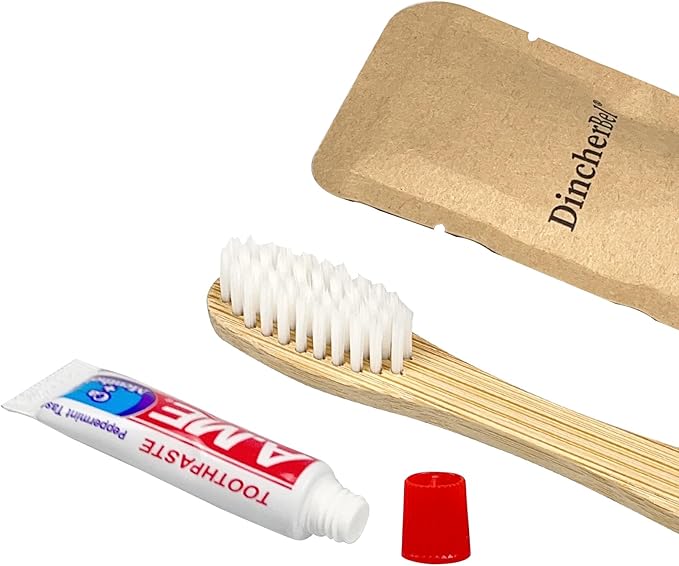 DincherBel Bamboo Toothbrushes Kit Bulk, Disposable Toothbrushes with Toothpaste(6g), Individually Wrapped Toiletries Amenities for Hotel, Airbnb, Homeless, Shelter, Camping and Travel (100 Pack)