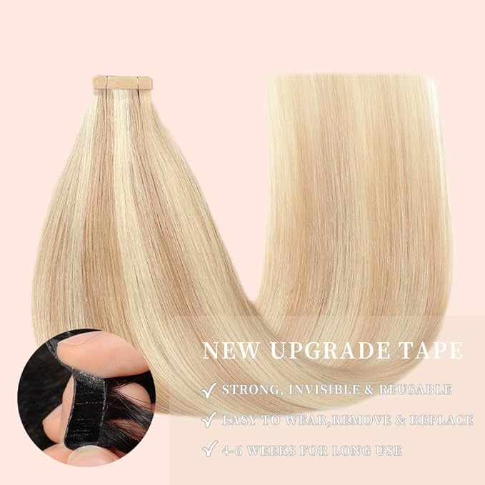 Tape in Hair Extensions Straight Double Sided Remy Ash Blonde Highlighted Bleach Blonde 22 Inch 20pcs Invisible Tape in Hair Extensions Human Hair (P18K/60#,22 Inch)