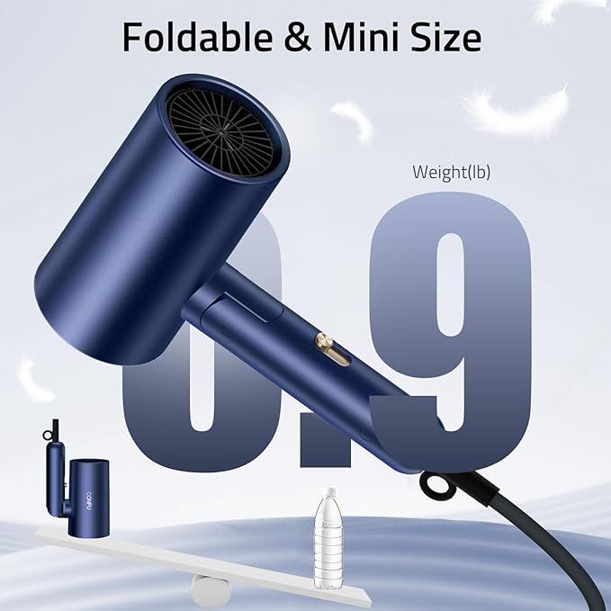 CONFU Diffuser Hair Dryer for Curly Hair,1500W Fast Drying Blow Dryer with Diffuser for Women,Compact & Portable Negative Ion Hairdryer,Mini and Foldable Blowdryer Design for Travel(Blue)