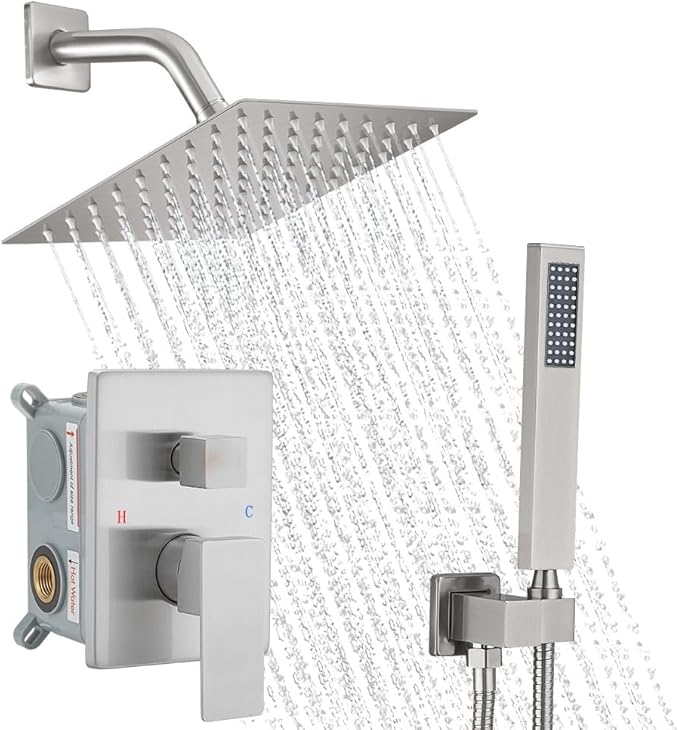 YCAIKOI Brushed Nickel Shower System, 8 Inch High Pressure Rain Shower with Handheld, Wall Mount Shower Faucet Set for Bathroom, Rough-in Valve Body and Trim Included