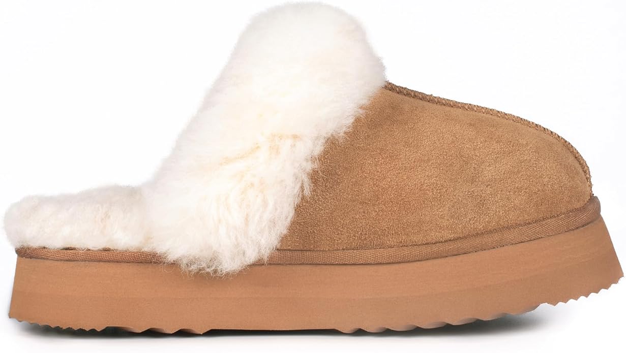 Parfeying Women's Shearling Slippers Genuine Leather with Rubber Sole, Sheepskin Fuzzy Indoor Outdoor Shoes for Home