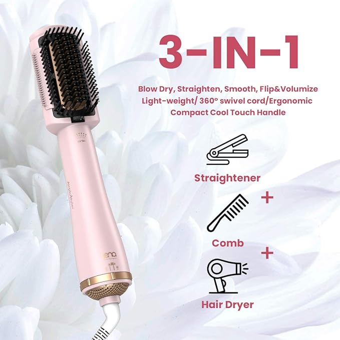 LENA Hair Straightener Brush Dryer PRO Blow Dryer Hot Air Brush - Anti-Scald Straightening Iron Comb Styler with Extra Ion Care, Far Infrared Heating and 3 Modes for Long & Medium Length Hair, Pink
