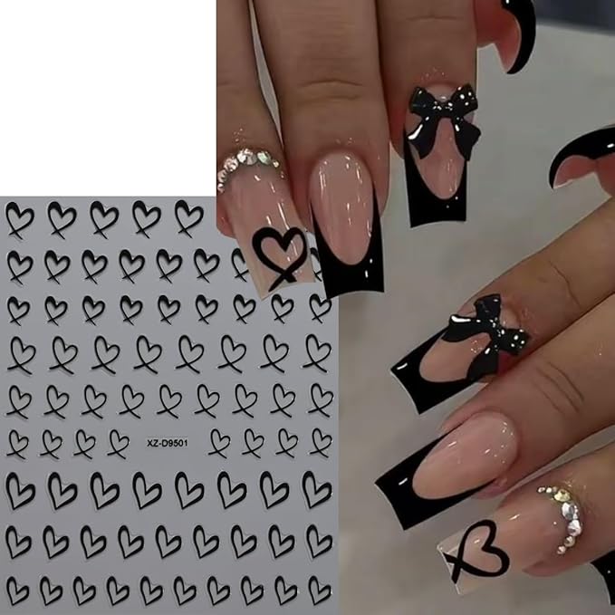 8Pcs Heart Nail Art Stickers 3D Self-Adhesive Sparkling Love Nail Art Decals Gold Silver Red White Black Romantic Heart Designs Nail Sticker for Valentine DIY Manicure Decoration Accessories