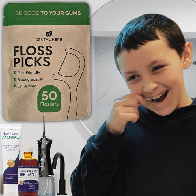 Dental Herb Company Biodegradable Dental Floss Picks, 200 Count (4×50) - Unflavored, Plant-Based, Plastic-Free & BPA-Free Tooth Flossers, Vegan & Eco-Friendly Oral Care