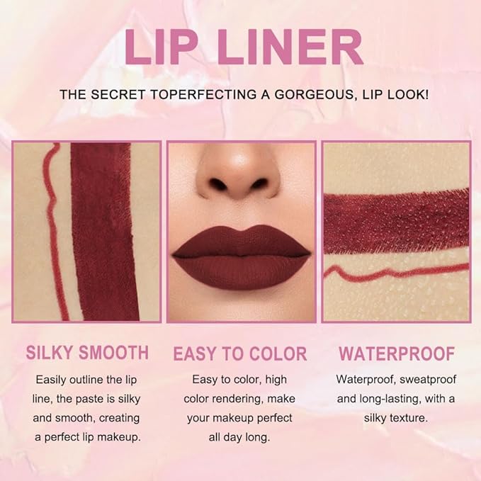 2-in-1 Deep Red Lip Liner & Lipstick Set Kit for Women, Matte Lips Kit with Lip Liner Lip Stains Long Lasting Waterproof 24 Hour Lipstick and Lip Liners Combo Lipliners Pencil Set 15