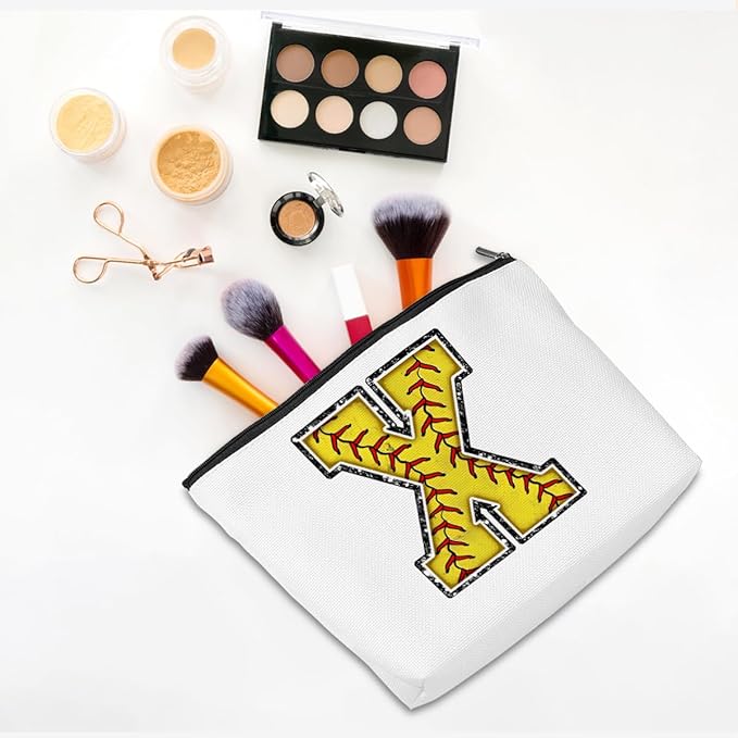 CQM Softball Gifts Initial Makeup Bag Monogrammed Cosmetic Bag Letter X Zipper Pouch Softball Accessories for Girls Women Player Coaches Friend Graduation Birthday Gifts