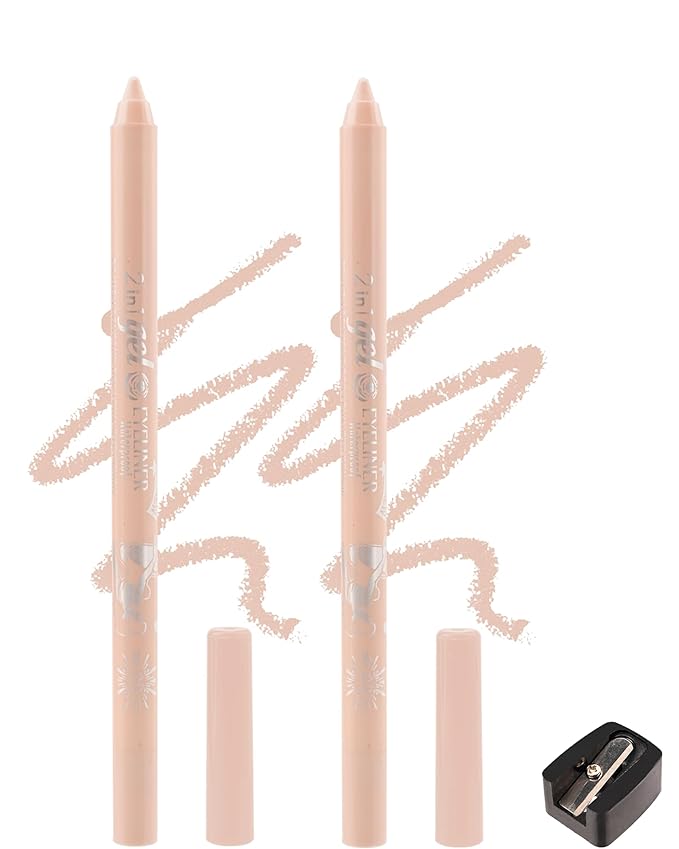 2Pcs Nude Waterline Eyeliner Gel Pencil,Peach Eyeliner Waterline Waterproof Smudge-Proof, Long Stay Eye Liner Brightener Pen with Sharpener, Safe for Sensitive Eyes, Soft Cream Colored Eye Makeup Pen
