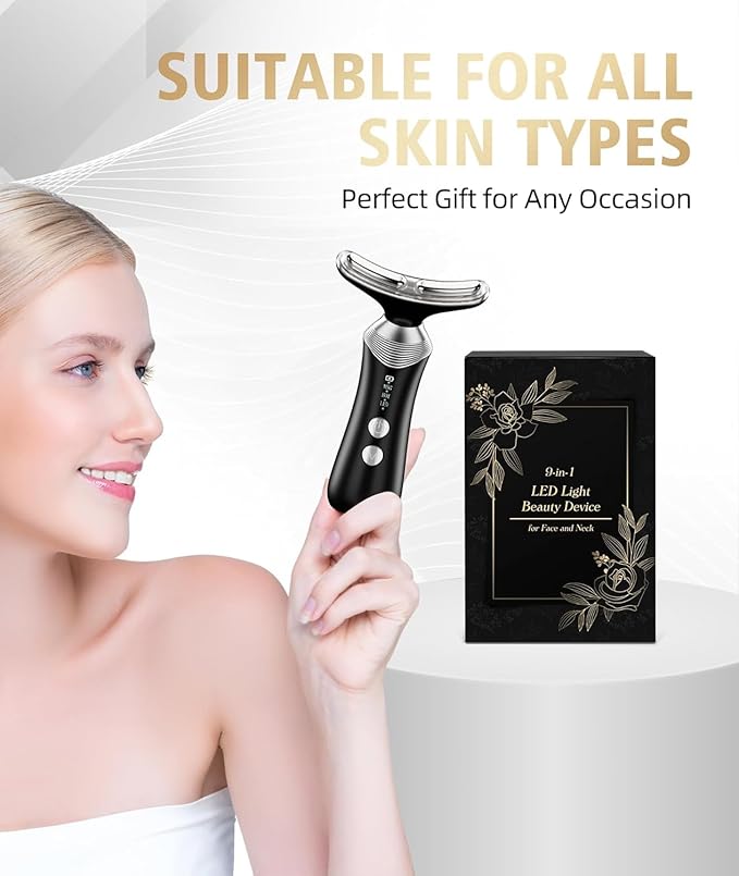 Dopsikn 9-in-1 Red-Light-Therapy-for-Face-and-Neck, Portable Facial Massager Tool with Adjustable Vibration & Thermals for Wrinkles, Double Chin, Black