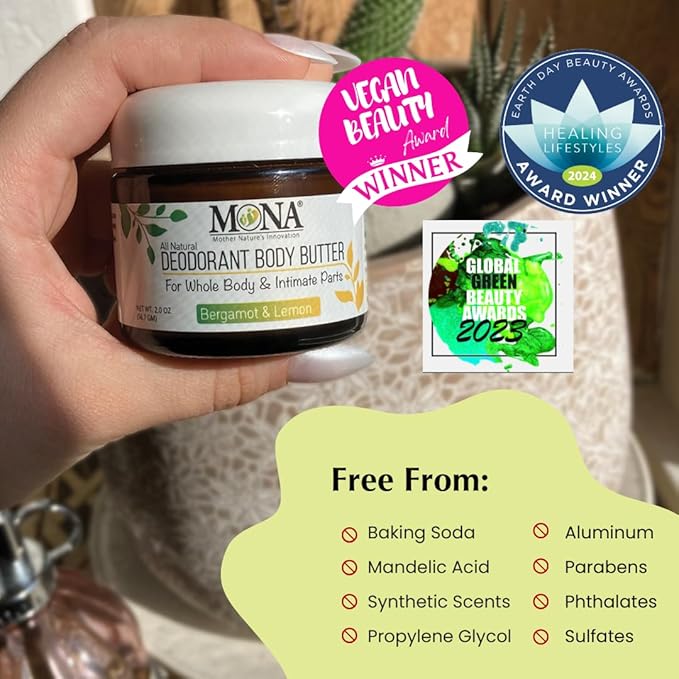 MONA All Natural Whole Body Deodorant Cream for Women & Men | For Private Parts | Aluminum & Baking Soda Free with Natural Fragrance | Bergamot & Lemon 2.0 oz (Pack of 1)