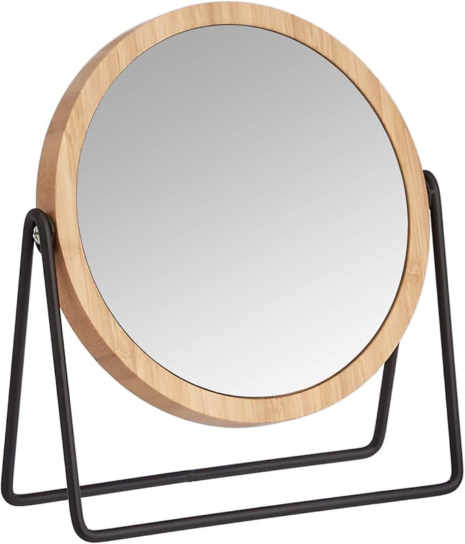 Amazon Basics Vanity Round Mirror with Bamboo Rim, Magnification, Tabletop Mount, Black, 7.2"L x 2.87 "W
