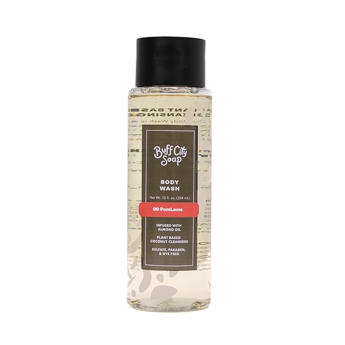 Buff City Soap Plant-Based Body Wash - Coconut Cleansers & Almond Oil Infused. Gentle & Rich Non-Drying Lather, Helps Reduce Moisture Loss & Supports Natural Skin Barrier - 99 Pomlems, 12 fl oz