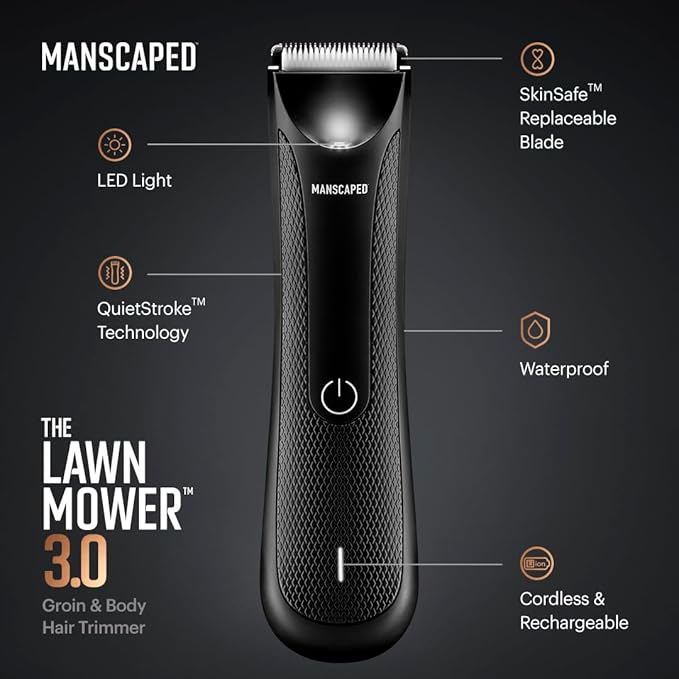 MANSCAPED® Electric Groin Hair Trimmer, The Lawn Mower® 3.0, Replaceable Ceramic Blade Heads, Waterproof Wet/Dry Clippers, Standing Recharge Dock, Ultimate Male Body Hair Razor