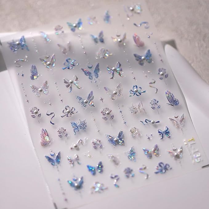Butterfly Nail Stickers for Nail Art 5D Embossed Aurora Butterfly Nail Stickers with Pearl Flower Design Butterfly Nail Decals Spring Summer Nail Supplies for Women Girls Manicure Decoration