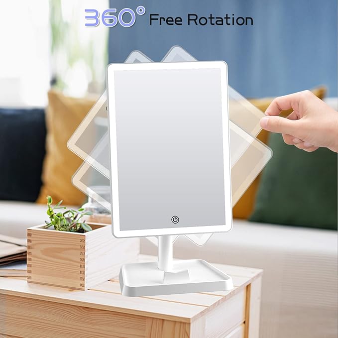 FUNTOUCH Large Makeup Vanity Mirror with Lights, Rechargeable Lighted Desk Makeup Mirror with 96 LED Lights and 10x Magnifying Mirror, 3 Color Lighting, Light up Make up Mirror with Phone Holder