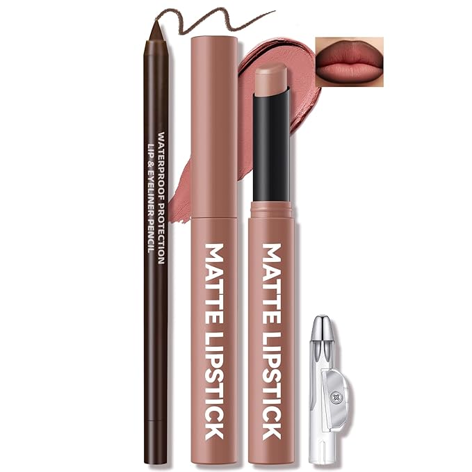 Noerrors 2PCS Gradient Lip Liner and Lipstick Lip Combo Set for Women, Brown Plumping Lip Liner Pencil & Nude Matte Lip Balm, Waterproof Long-Lasting Smudge-Proof Velvet Lip Makeup Kit for beginner