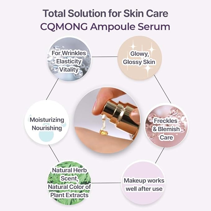 CQMONG Ampoule Facial Serum 1.69 fl oz for Glowy Skin, Hydrating, Wrinkles, Dark spot, Fleckles & Blemish/Hyaluronic Acid, Vitamin C, Collagen, Peptide, Niacinamide/Natural Herb Scent/Korean