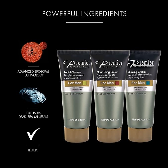 Premier Dead Sea Men's Skincare Gift Set, 3-Pack: Nourishing Cream, Shaving Cream, Facial Cleanser for Men, Sensitive Skin, Anti-Wrinkle, Daily Use