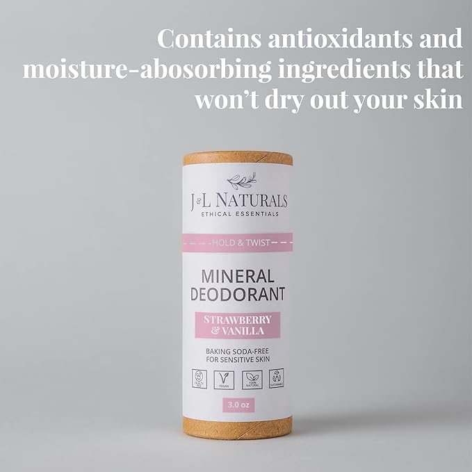 J&L Naturals Mineral Deodorant | Baking Soda-Free, 100% Natural, Sustainable | Sensitive Deodorant For Women & Men | Aluminum Free, Vegan, Cruelty-Free (Strawberry & Vanilla, 3 Oz (Pack of 1))