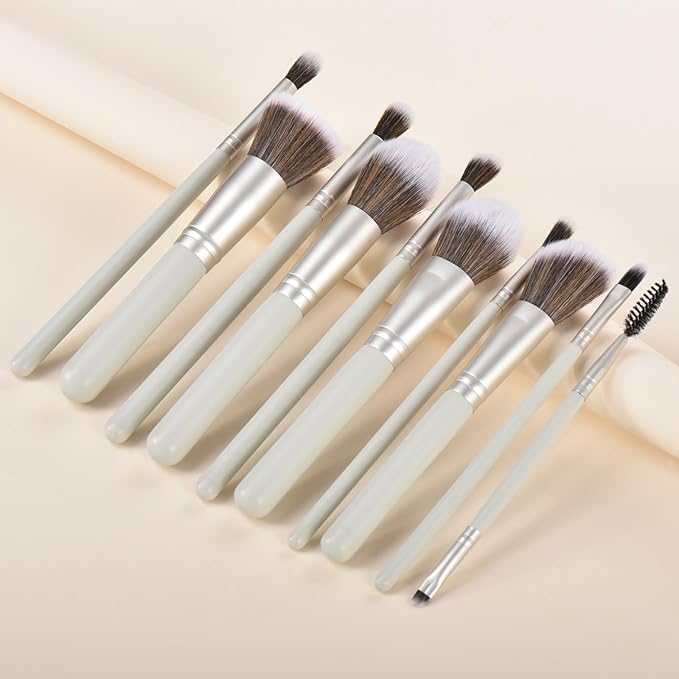 YJ-Anyue 10 Piece Makeup Brushes - Grayish Green Wooden Handle with Soft Synthetic Bristles,for Face & Eye Makeup|Professional Makeup Brushes set for Women & Girls|