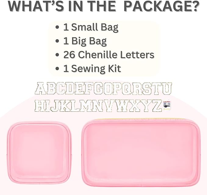 GODEAGLE 2PCS Personalized Makeup Preppy Bag Set, 2PCS Toiletry Bag & 26 Chenille Letters, Clear Makeup Pouch, Birthday Gifts for Girls (Pink)