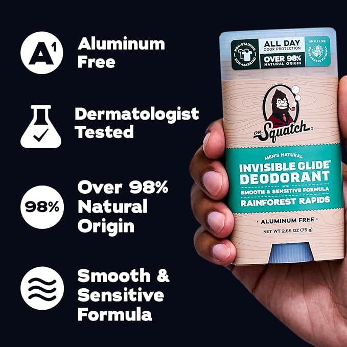 Dr. Squatch Invisible Glide Natural Men’s Deodorant – Smooth Glide, No Stains – Aluminum Free Deodorant Men – Safe for Sensitive Skin – Coconut Castaway + Rainforest Rapids, 2.65oz (2-Pack)