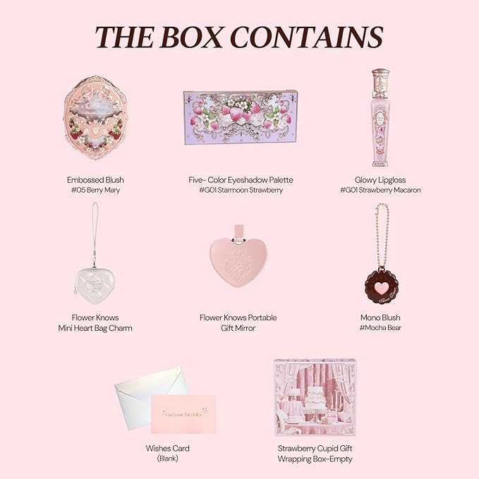 Flower Knows Feb-Blush Bliss Makeup Box Set,8-Piece Beauty Kit,Includes Make-up Palette,Lipgloss,Eyeshadow,Blush,Powder Bag Charm,Mirror,Wishes Card,Box,Perfect Valentine,Make Up Gift for Women&Girls