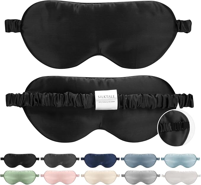 SILKTALE 100% Mulberry Silk Eye Mask for Sleeping with Silk Wrapped Adjustable Strap,Black