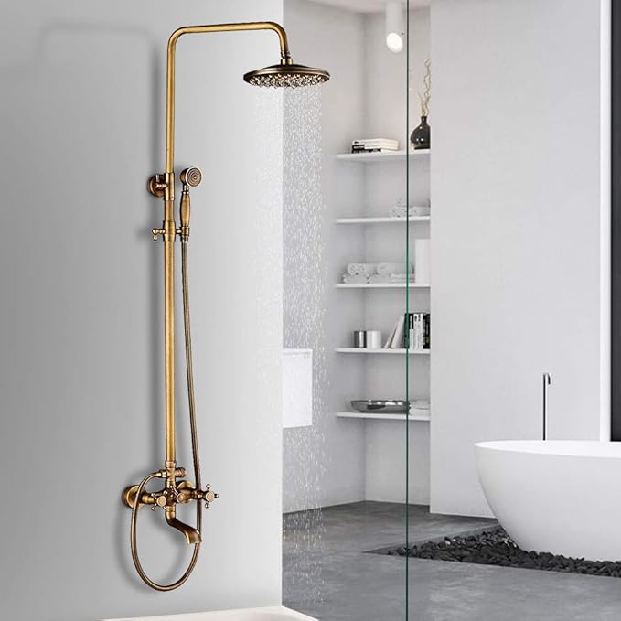 NeierThodore Antique Brass 8-Inch Bathroom Shower Faucet System Rainfall Shower Head Wall-Mounted Dual Cross Handle Bathtub Shower Mixer Tap with Hand Sprayer