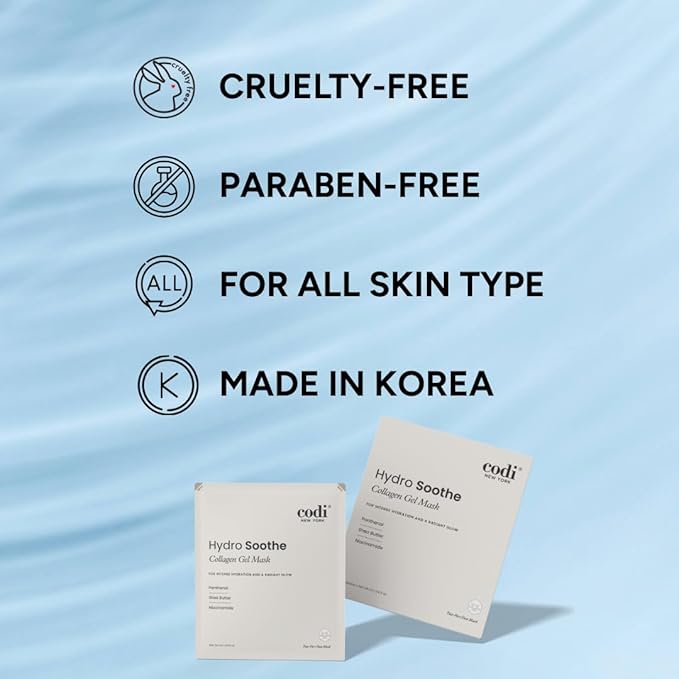 Codi New York Collagen Gel Mask, Non-Slip Breathable Micro-hole Hydrogel for Redness Relief & Glass Skin, Intense Hydration, Soothing, Moisturizing, 4 Sheets (Hydro Soothe)
