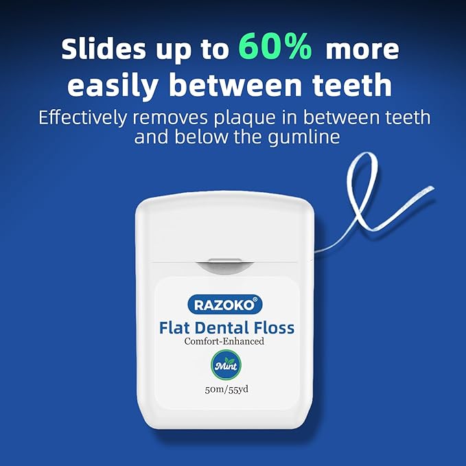 RAZOKO Flat Dental Floss, PFAS & PTFE Free, Shred Resistant, Kid-Friendly Gentle on Gums, Ultra-Smooth for Deep Cleaning, Mint, 4 Spools (225 Yd Total)