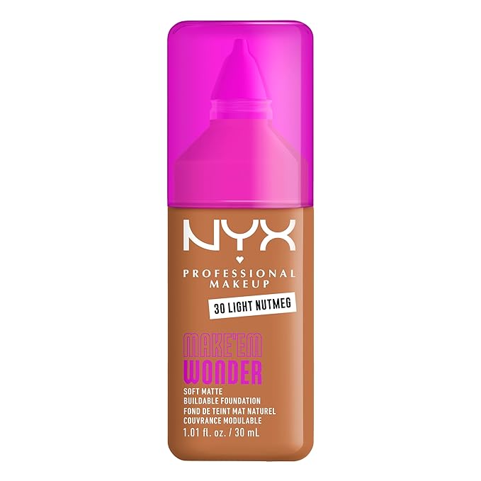 NYX PROFESSIONAL MAKEUP Make 'Em Wonder Liquid Foundation, 24HR Foundation Makeup With A Soft Matte Finish, Buildable Full Coverage - 30 Light Nutmeg