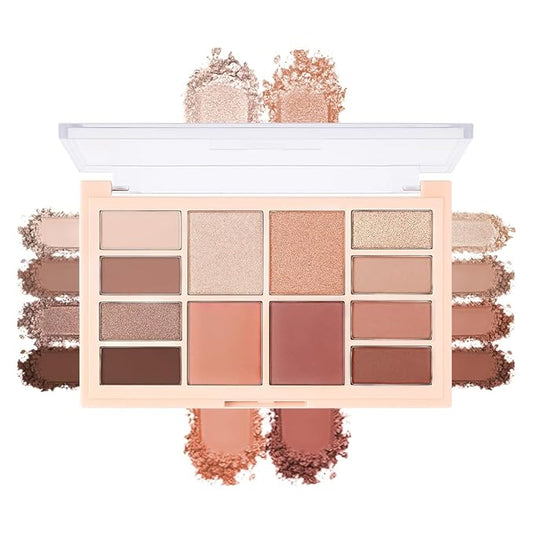 12-Color Neutral Nude Eyeshadow Palette – Matte, Shimmer&Glitter Warm Brown Caramel Shades, High-Pigment, Long-Lasting, Blendable Soft Glam Eye Shadow Makeup Kit for Daily Wear, Beginners&Mature Eyes