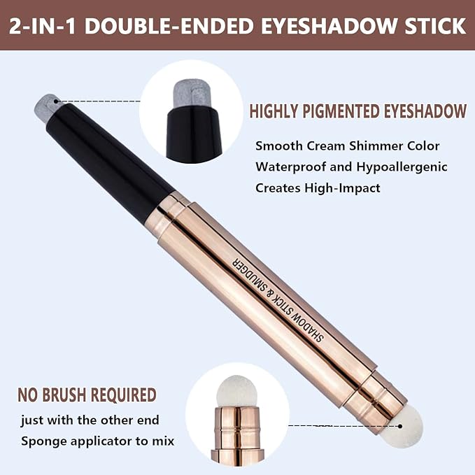 Silver Gray Eyeshadow Stick Makeup, Highlighter Matte Cream Eye Shadow Pencil, Waterproof Hypoallergenic Long Lasting Crayon, Glitter Primer Palette Shimmer Eyeliner Pen wiht Soft Brush