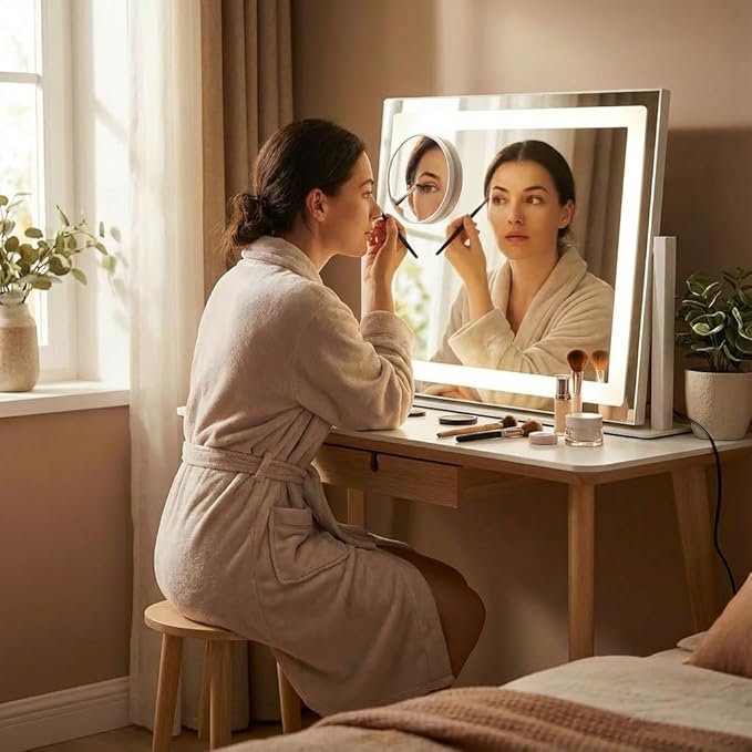 Vanity Mirror with Lights, 16" x 12" Lighted Makeup Mirror with Smart Touch Control, LED Makeup Mirror with 3 Color Lighting Modes, 10X Magnification, 360° Rotation for Tabletop - White