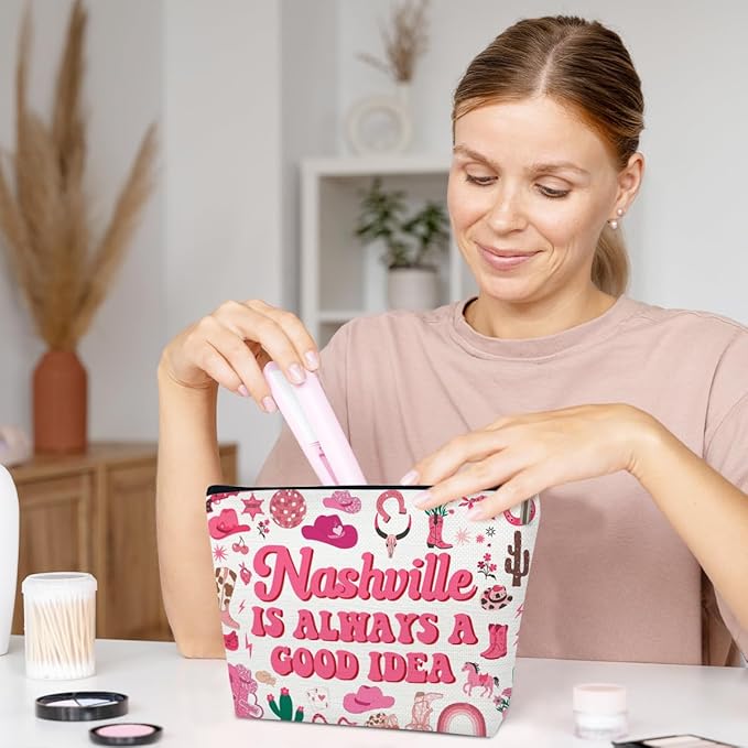 Ythuil Nashville Travel Makeup Bag, Nashville Lover Gift Cosmetic Bag, Country Music Themed Gifts For Traveller Women Friends Sister, Birthday Christmas Bachelorette Party Favors for Girl