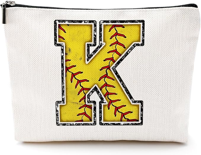 CQM Softball Gifts Initial Makeup Bag Monogrammed Cosmetic Bag Yellow Letter K Zipper Pouch Softball Accessories for Girls Women Player Coaches Friend Graduation Birthday Gifts